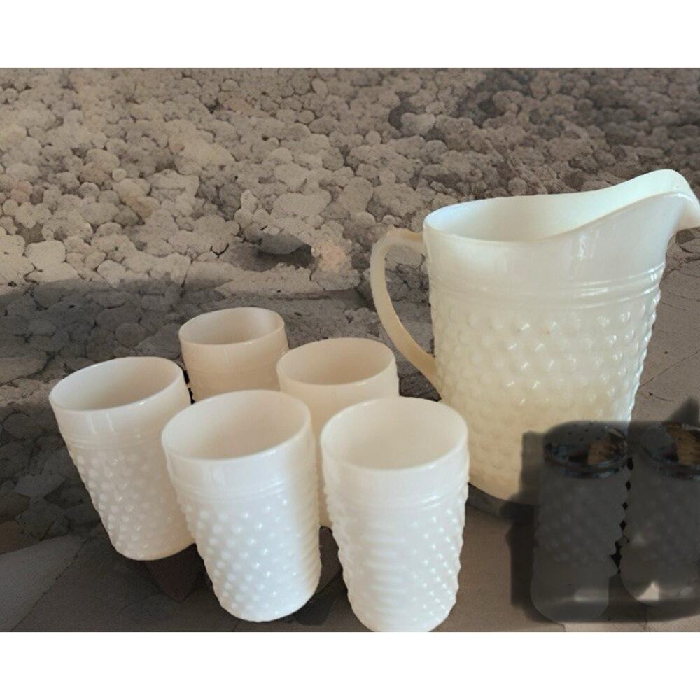 Vintage White Hobnail Milk Glass 5 Glasses 3.5"/ w Pitcher1950s MCM